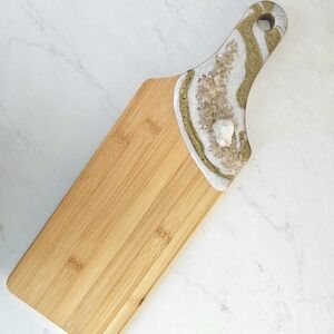Hand Crafted Bamboo and Resin Geode Art Serving Board with Real Quartz